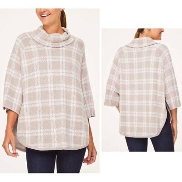 LOFT Outlet Women's Tan Plaid Turtleneck 3/4 Sleeve Poncho Knit Sweater Medium - Picture 1 of 14